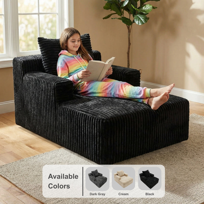 Oak & Birch Kids Chaise Lounge Chair – Plush Velvet Corduroy | 33D Foam | Boneless Sofa Bed for Kids Bedroom & Playroom Black