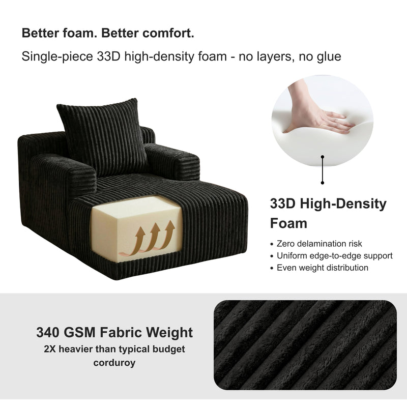 Oak & Birch Kids Chaise Lounge Chair – Plush Velvet Corduroy | 33D Foam | Boneless Sofa Bed for Kids Bedroom & Playroom Black