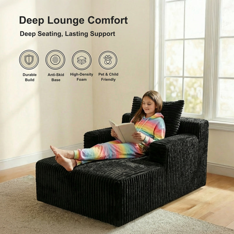 Oak & Birch Kids Chaise Lounge Chair – Plush Velvet Corduroy | 33D Foam | Boneless Sofa Bed for Kids Bedroom & Playroom Black