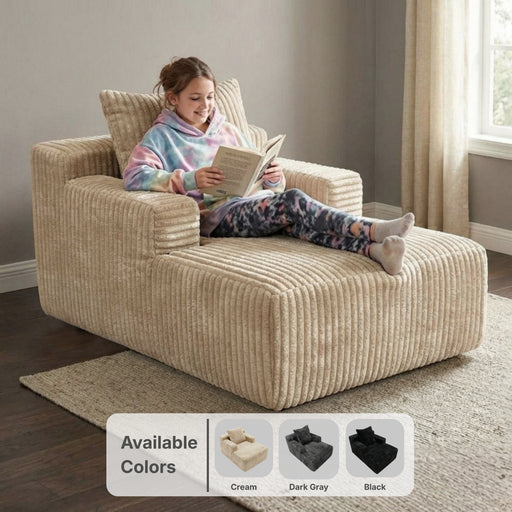 Oak & Birch Kids Chaise Lounge Chair – Plush Velvet Corduroy | 33D Foam | Boneless Sofa Bed for Kids Bedroom & Playroom Cream