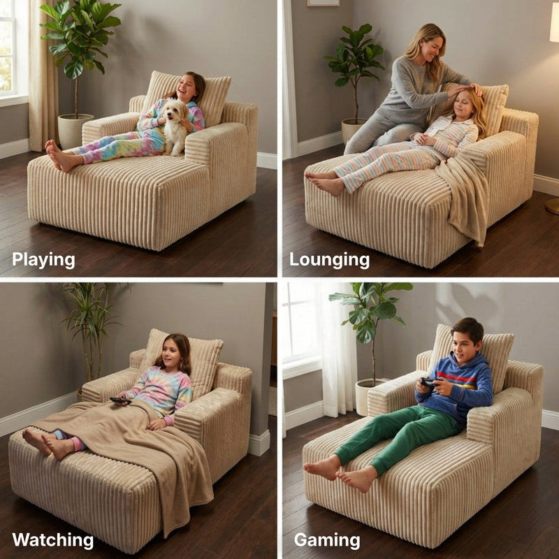 Oak & Birch Kids Chaise Lounge Chair – Plush Velvet Corduroy | 33D Foam | Boneless Sofa Bed for Kids Bedroom & Playroom Cream