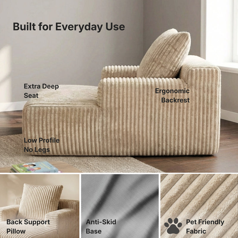 Oak & Birch Kids Chaise Lounge Chair – Plush Velvet Corduroy | 33D Foam | Boneless Sofa Bed for Kids Bedroom & Playroom Cream