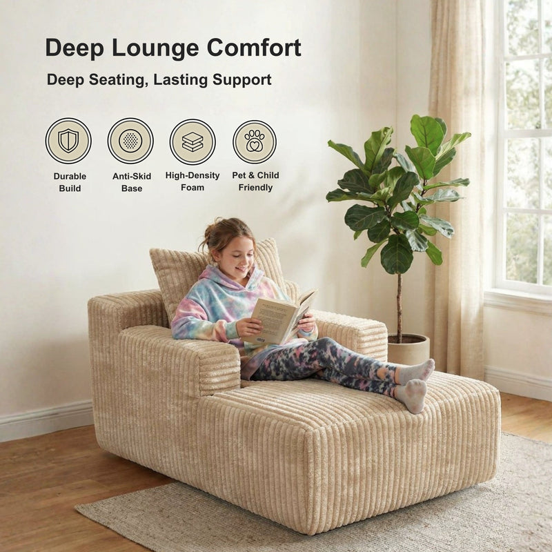 Oak & Birch Kids Chaise Lounge Chair – Plush Velvet Corduroy | 33D Foam | Boneless Sofa Bed for Kids Bedroom & Playroom Cream