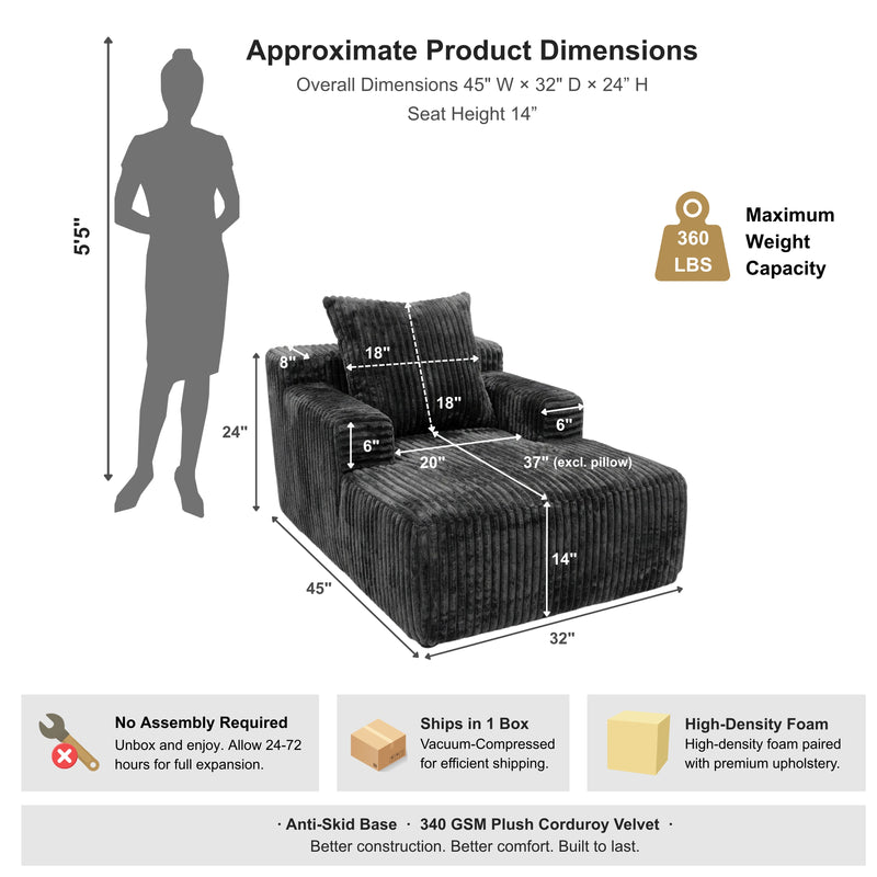 Oak & Birch Kids Chaise Lounge Chair – Plush Velvet Corduroy | 33D Foam | Boneless Sofa Bed for Kids Bedroom & Playroom Dark Gray