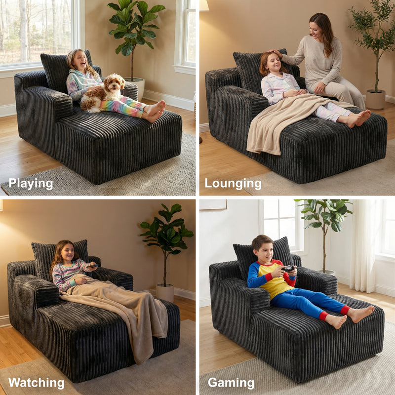 Oak & Birch Kids Chaise Lounge Chair – Plush Velvet Corduroy | 33D Foam | Boneless Sofa Bed for Kids Bedroom & Playroom Dark Gray
