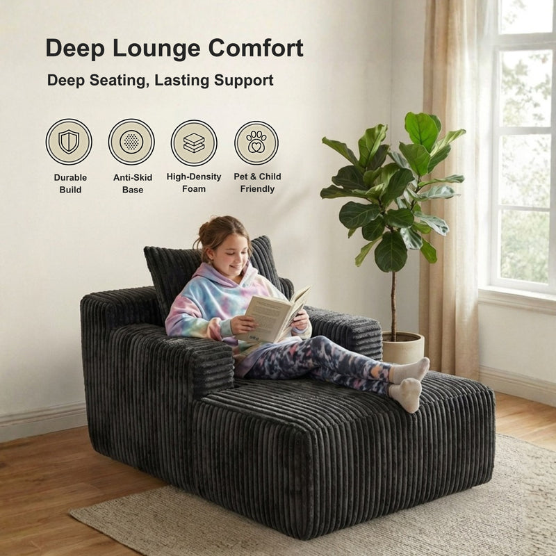 Oak & Birch Kids Chaise Lounge Chair – Plush Velvet Corduroy | 33D Foam | Boneless Sofa Bed for Kids Bedroom & Playroom Dark Gray
