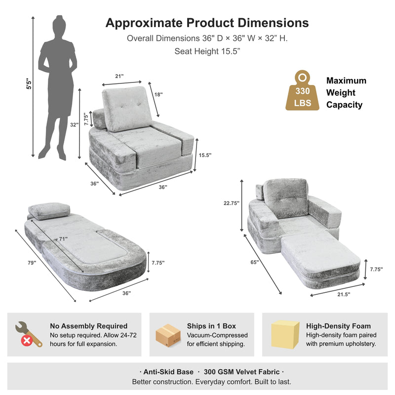 Oak & Birch Boneless 3-in-1 Folding Floor Sofa Bed – Vacuum Sealed, No Assembly Light Gray 