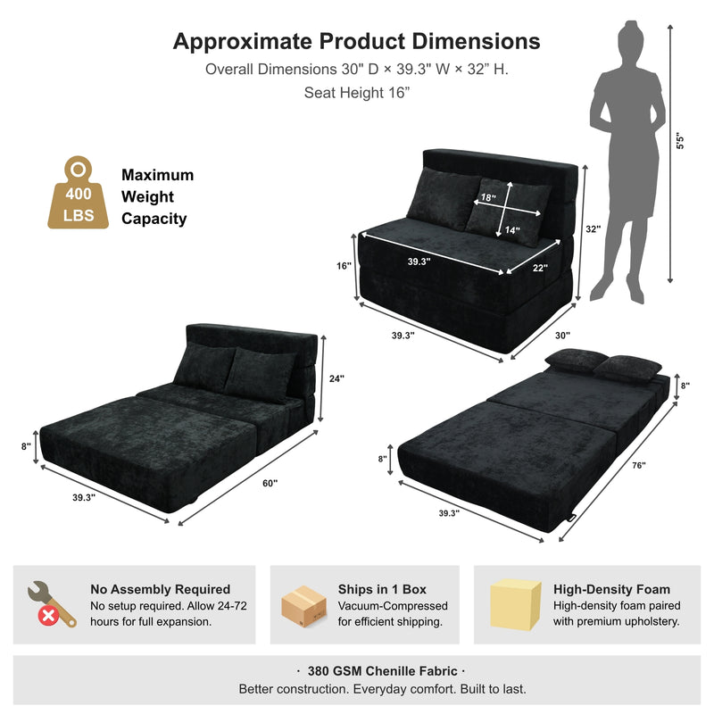 Oak & Birch Boneless Foldout Frameless Floor Sofa – Chaise & Sleeper Twin Black