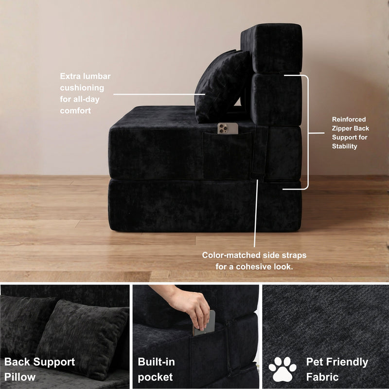 Oak & Birch Boneless Foldout Frameless Floor Sofa – Chaise & Sleeper Twin Black