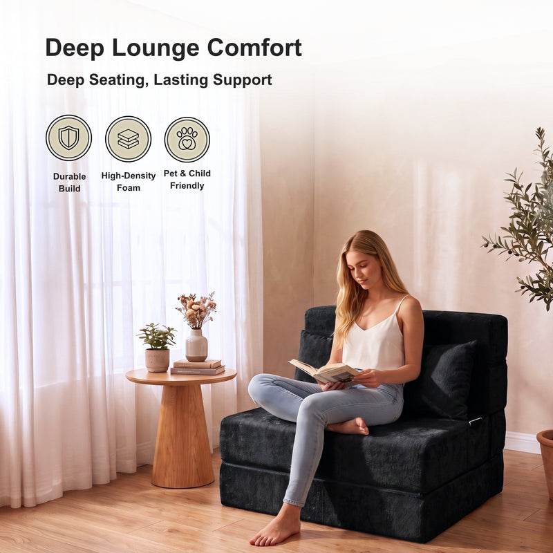 Oak & Birch Boneless Foldout Frameless Floor Sofa – Chaise & Sleeper Twin Black
