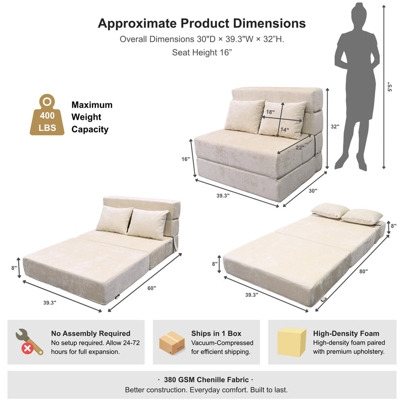 Oak & Birch Boneless Foldout Frameless Floor Sofa – Chaise & Sleeper Twin Cream