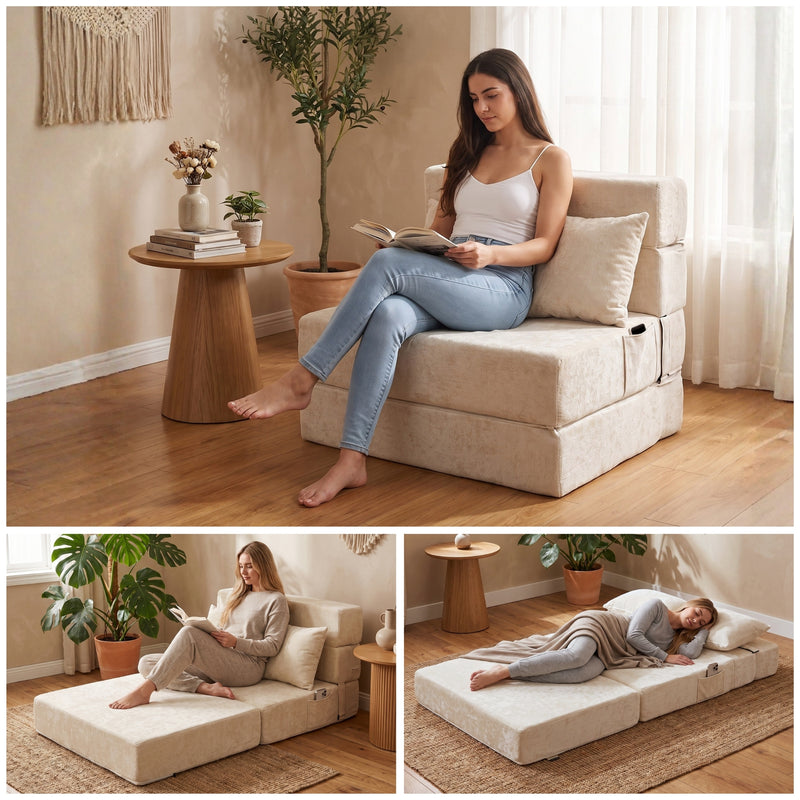 Oak & Birch Boneless Foldout Frameless Floor Sofa – Chaise & Sleeper Twin Cream