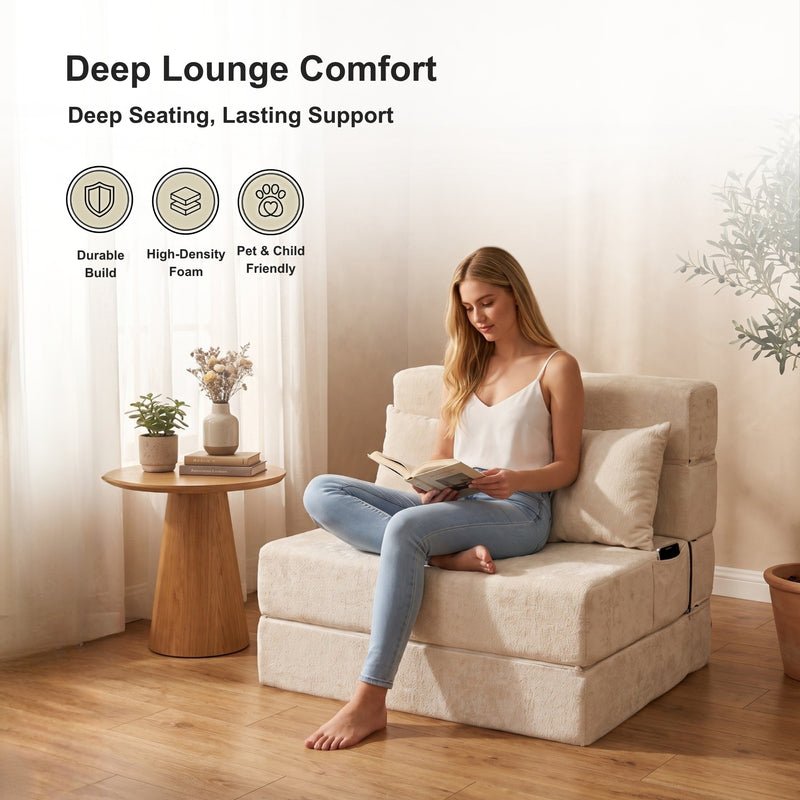 Oak & Birch Boneless Foldout Frameless Floor Sofa – Chaise & Sleeper Twin Cream