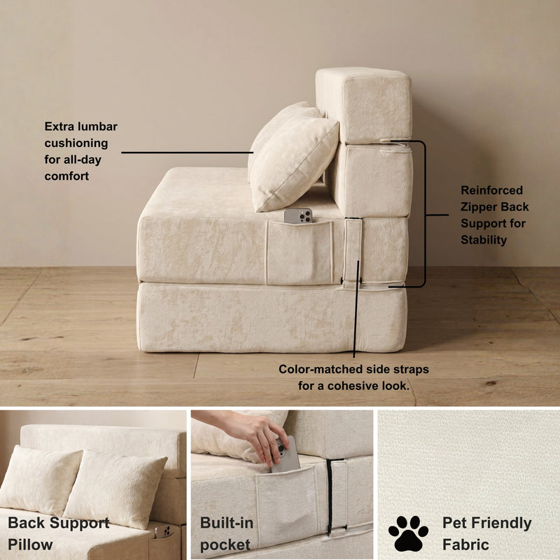Oak & Birch Boneless Foldout Frameless Floor Sofa – Chaise & Sleeper Twin Cream