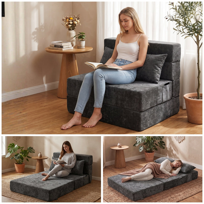 Oak & Birch Boneless Foldout Frameless Floor Sofa – Chaise & Sleeper Twin Dark Gray