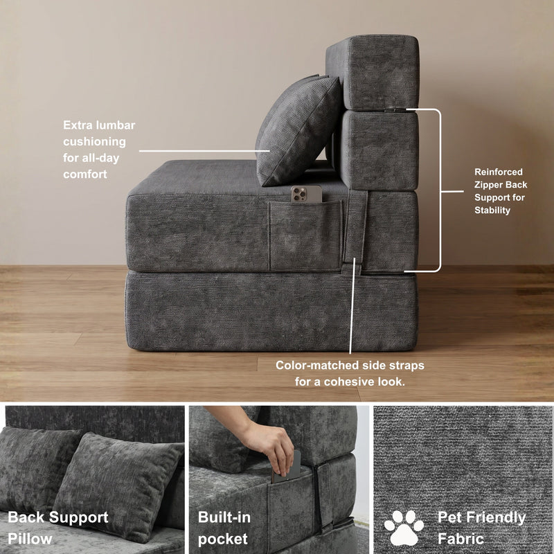 Oak & Birch Boneless Foldout Frameless Floor Sofa – Chaise & Sleeper Twin Dark Gray