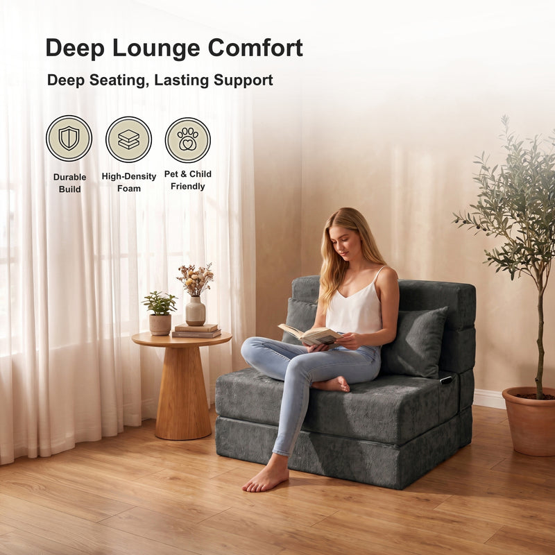 Oak & Birch Boneless Foldout Frameless Floor Sofa – Chaise & Sleeper Twin Dark Gray