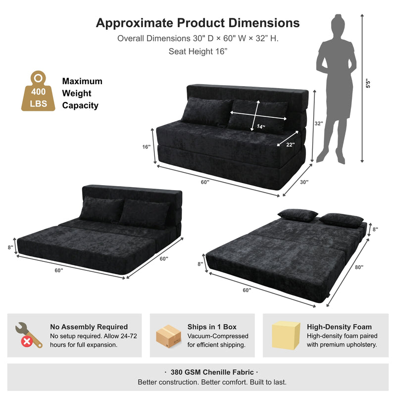 Oak & Birch Boneless Foldout Frameless Floor Sofa – Chaise & Sleeper Queen Black