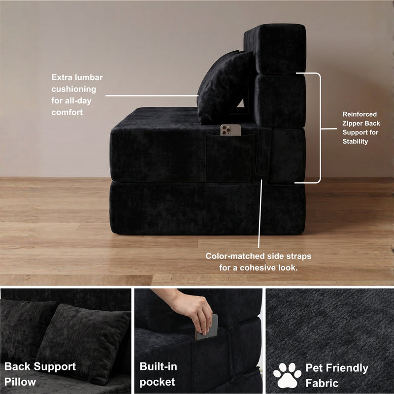 Oak & Birch Boneless Foldout Frameless Floor Sofa – Chaise & Sleeper Queen Black