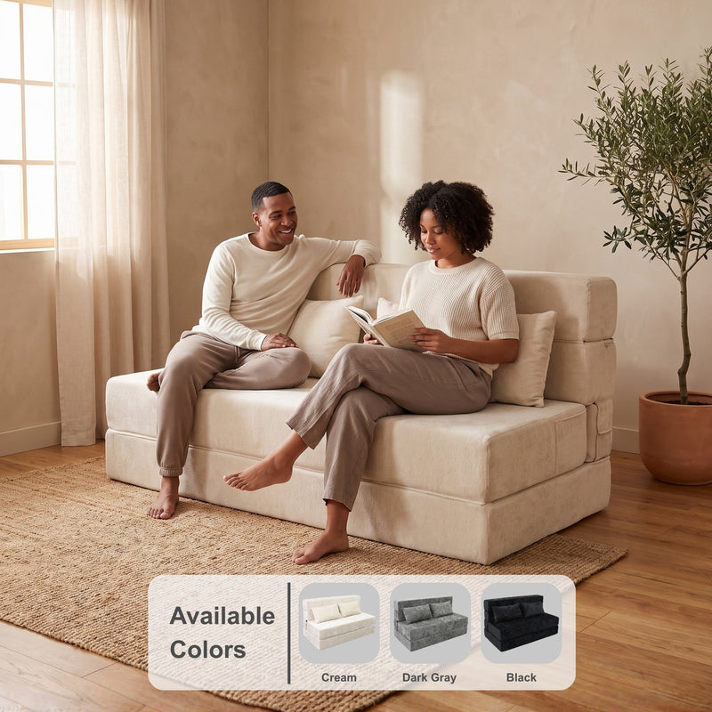Oak & Birch Boneless Foldout Frameless Floor Sofa – Chaise & Sleeper Queen Cream