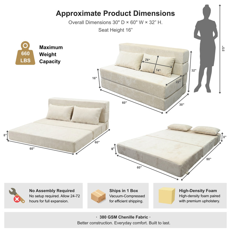 Oak & Birch Boneless Foldout Frameless Floor Sofa – Chaise & Sleeper Queen Cream