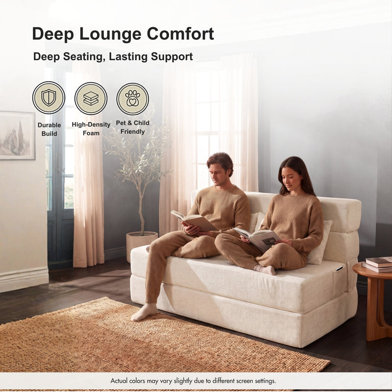 Oak & Birch Boneless Foldout Frameless Floor Sofa – Chaise & Sleeper Queen Cream
