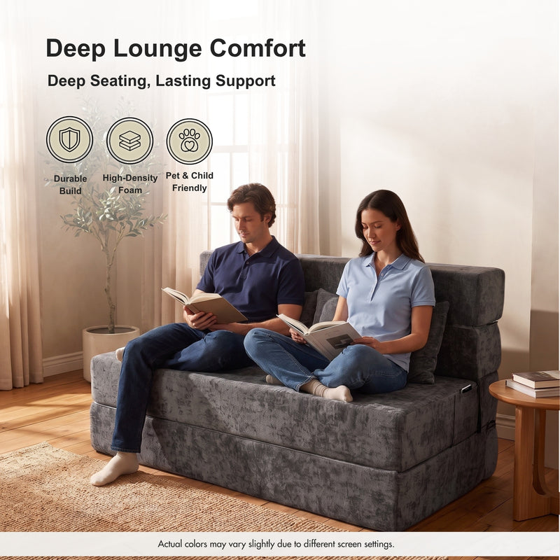 Oak & Birch Boneless Foldout Frameless Floor Sofa – Chaise & Sleeper Queen Dark Gray