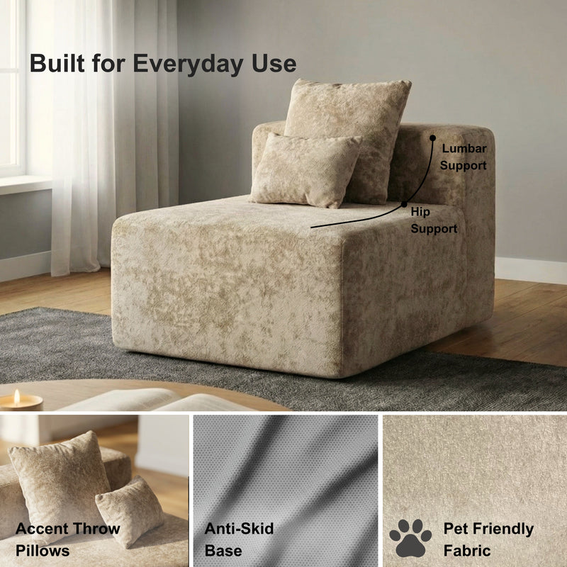 Oak & Birch Soft Haven Curved Boneless Modular Sofa — Plush Velvet Sectional Armless Chair Cream