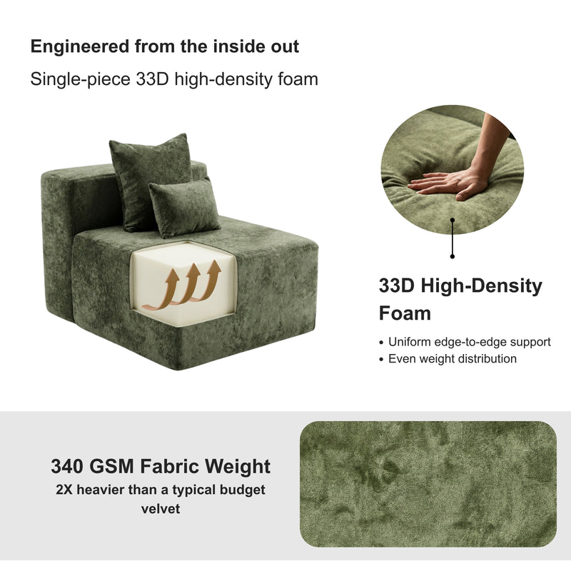 Oak & Birch Soft Haven Curved Boneless Modular Sofa — Plush Velvet Sectional Armless Chair Olive