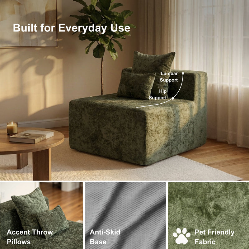 Oak & Birch Soft Haven Curved Boneless Modular Sofa — Plush Velvet Sectional Armless Chair Olive