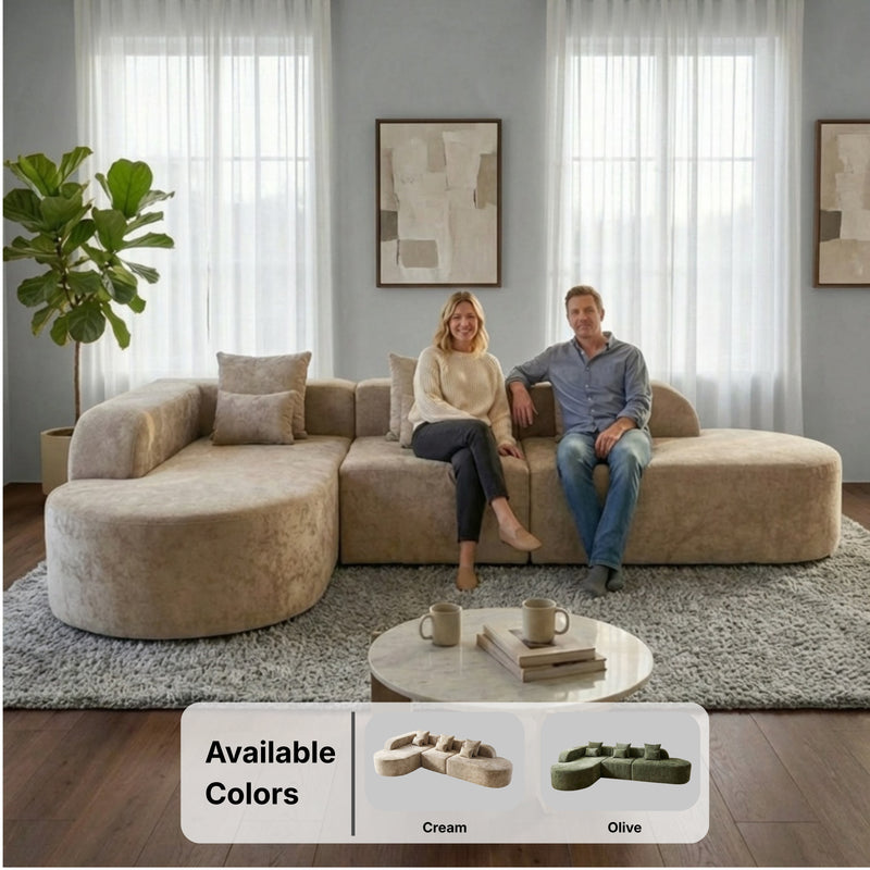 Oak & Birch Soft Haven Curved Boneless Modular Sofa — Plush Velvet Sectional 3-Seater Cream