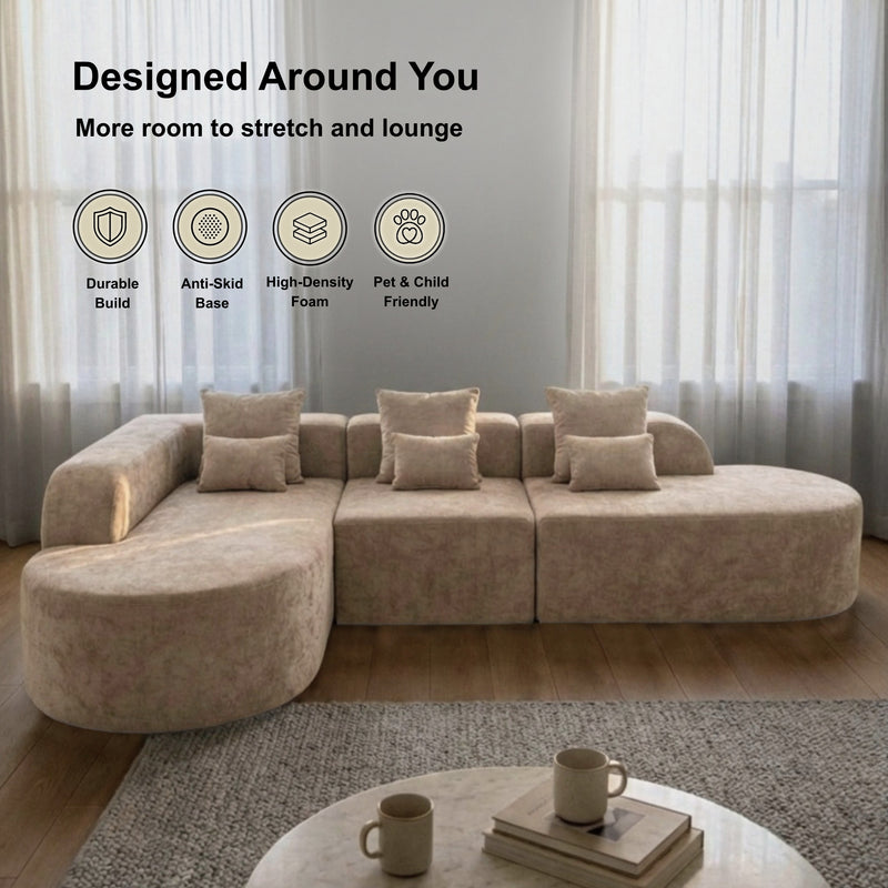 Oak & Birch Soft Haven Curved Boneless Modular Sofa — Plush Velvet Sectional 3-Seater Cream