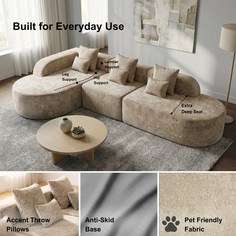 Oak & Birch Soft Haven Curved Boneless Modular Sofa — Plush Velvet Sectional 3-Seater Cream