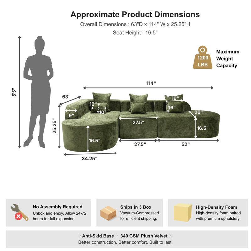 Oak & Birch Soft Haven Curved Boneless Modular Sofa — Plush Velvet Sectional 3-Seater Olive