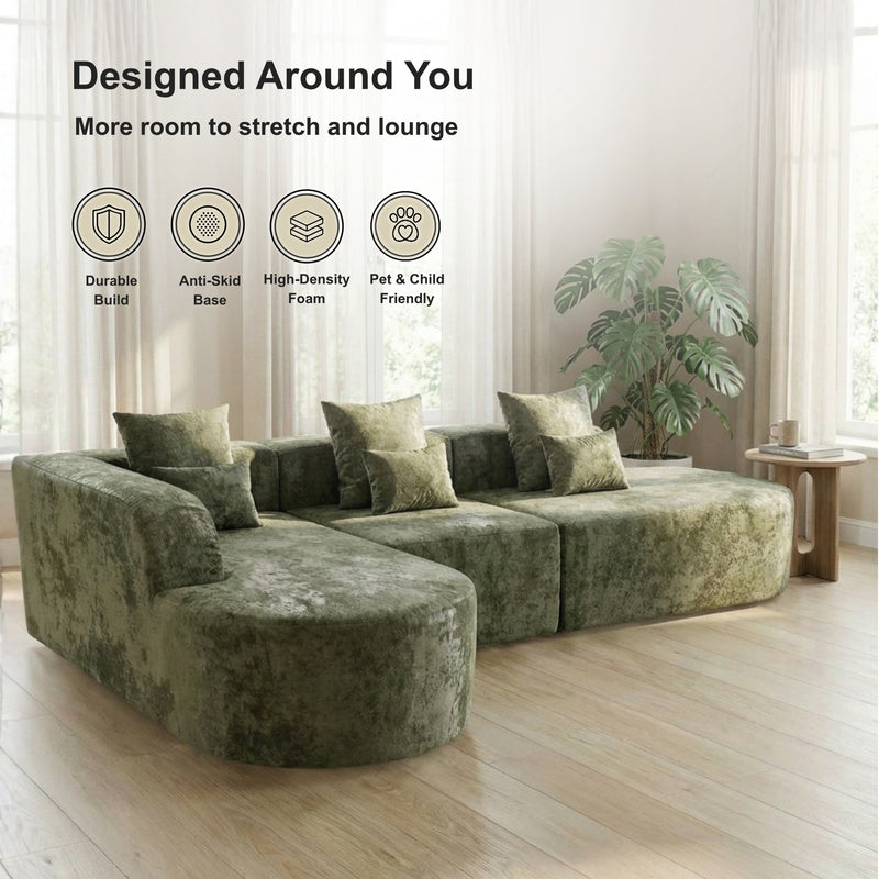 Oak & Birch Soft Haven Curved Boneless Modular Sofa — Plush Velvet Sectional 3-Seater Olive