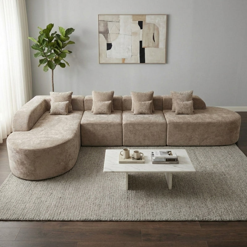 Oak & Birch Soft Haven Curved Boneless Modular Sofa — Plush Velvet Sectional 4-Seater Cream