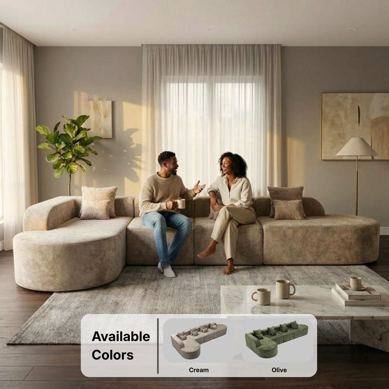 Oak & Birch Soft Haven Curved Boneless Modular Sofa — Plush Velvet Sectional 4-Seater Cream