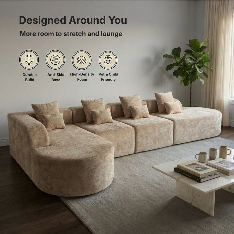 Oak & Birch Soft Haven Curved Boneless Modular Sofa — Plush Velvet Sectional 4-Seater Cream