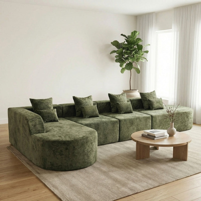 Oak & Birch Soft Haven Curved Boneless Modular Sofa — Plush Velvet Sectional 4-Seater Olive