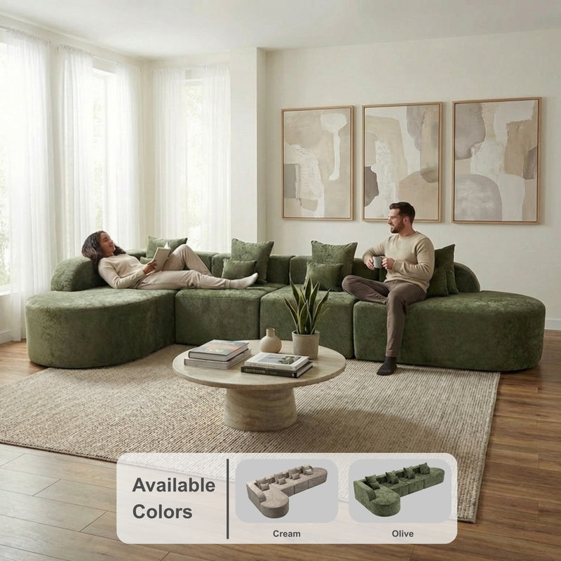 Oak & Birch Soft Haven Curved Boneless Modular Sofa — Plush Velvet Sectional 4-Seater Olive