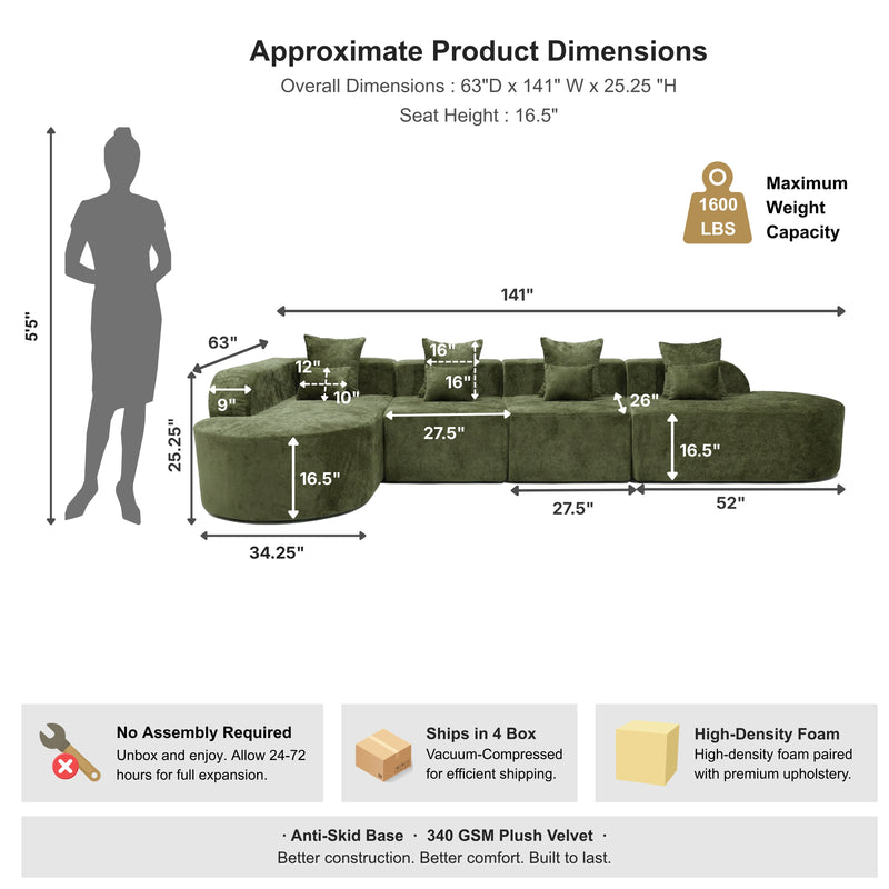 Oak & Birch Soft Haven Curved Boneless Modular Sofa — Plush Velvet Sectional 4-Seater Olive