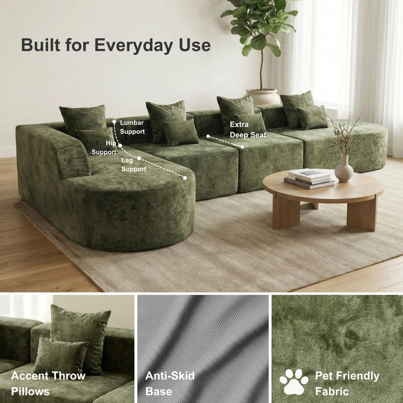 Oak & Birch Soft Haven Curved Boneless Modular Sofa — Plush Velvet Sectional 4-Seater Olive